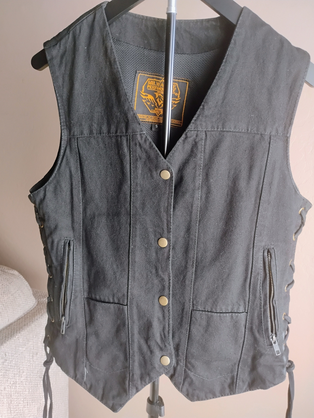 Women's Black Size S Canvas Snap-Front Biker Utility Vest With Side Laces